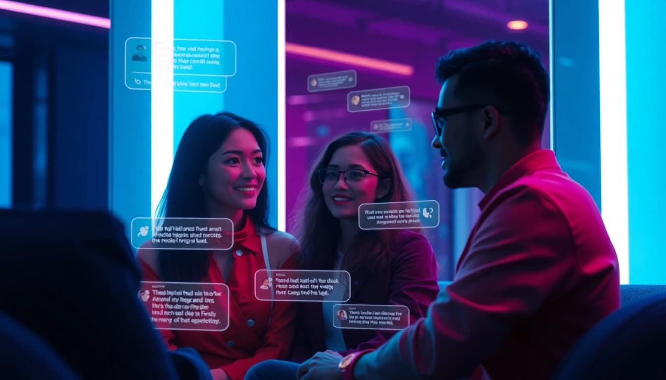 Engaging scene of sex chat AI characters interacting in a futuristic chat interface, showcasing emotional depth.
