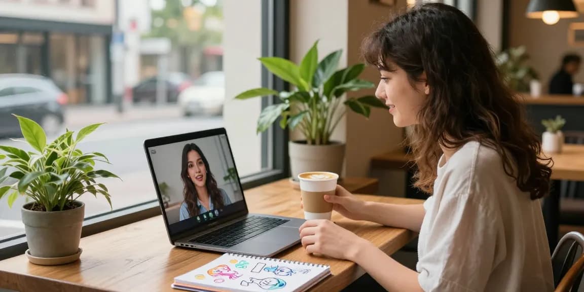 Engaging conversation with an ai girlfriend in a vibrant café setting, capturing a modern lifestyle.