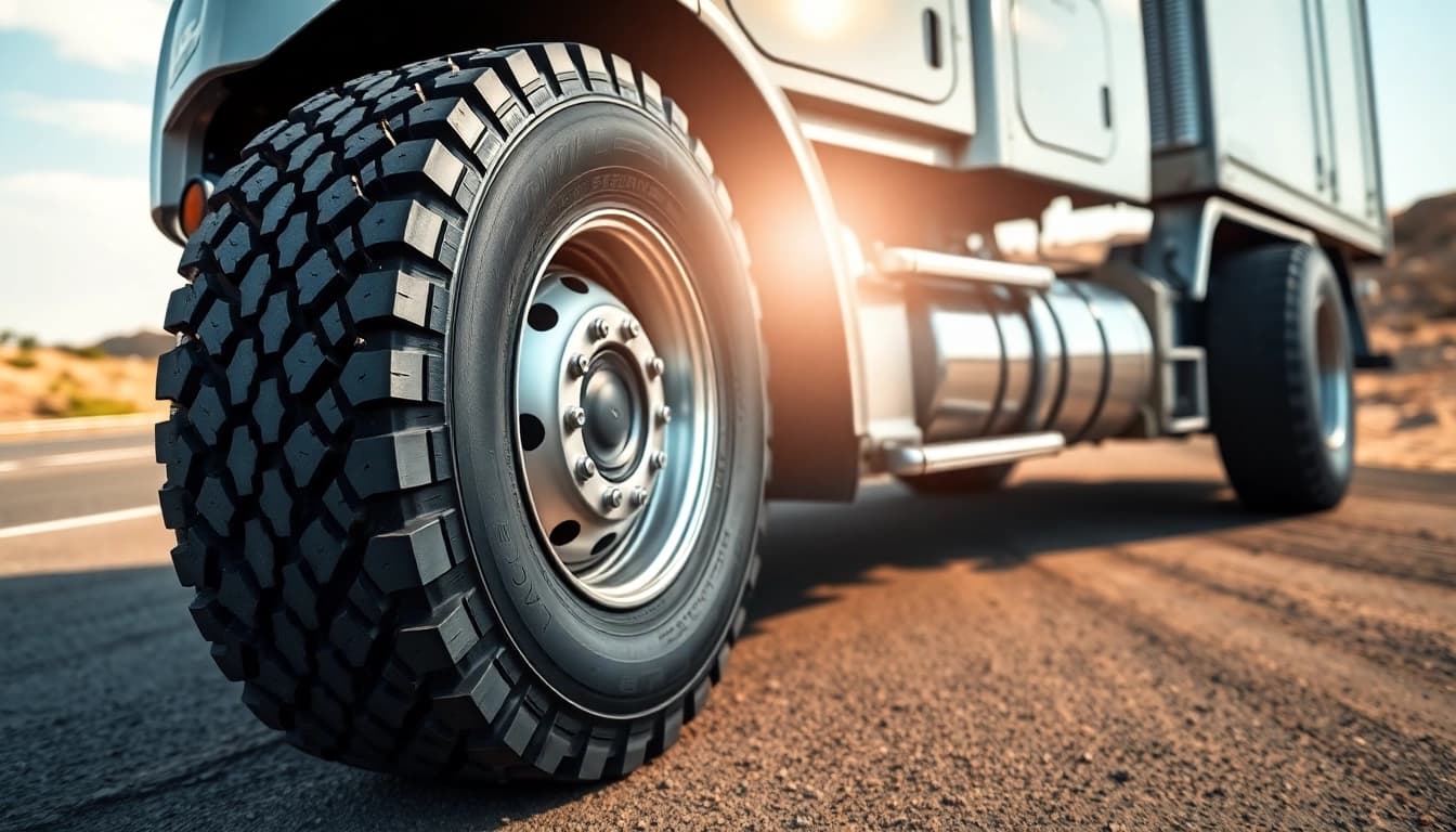 The RR99 tire showcasing its all-terrain capability and rugged tread design, ideal for commercial trucks.