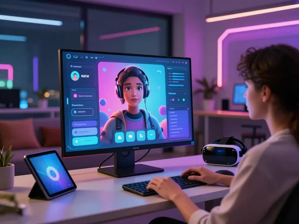 User exploring crush on ai platform, interacting with a vibrant AI character on a high-tech touchscreen in a modern setting