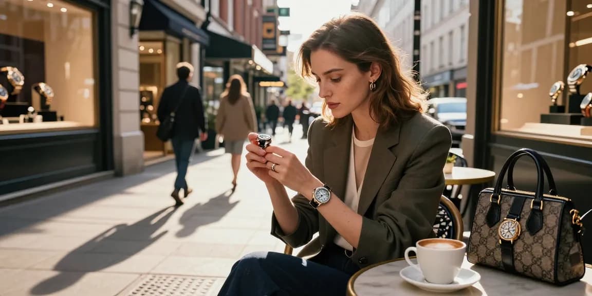 Examine a stylish replica watch while enjoying a coffee in a vibrant urban café setting.