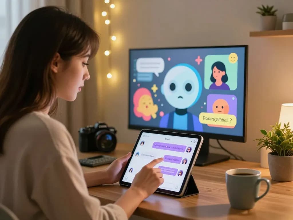 Young woman engaging with spicy AI chatbot in a cozy room setting, highlighting digital interaction.