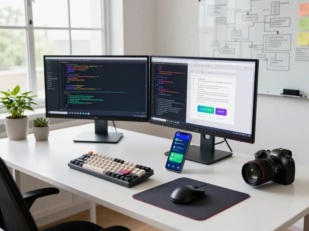 Developer using MoltBot mac on a modern workspace with dual monitors and coding tools.