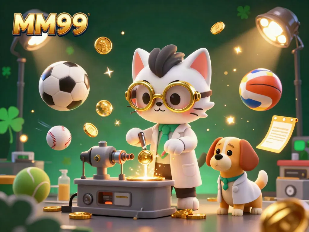 Experience MM99's thrilling casino games with an engaging 3D scene illustrating a mad scientist cat and dog surrounded by sports elements.