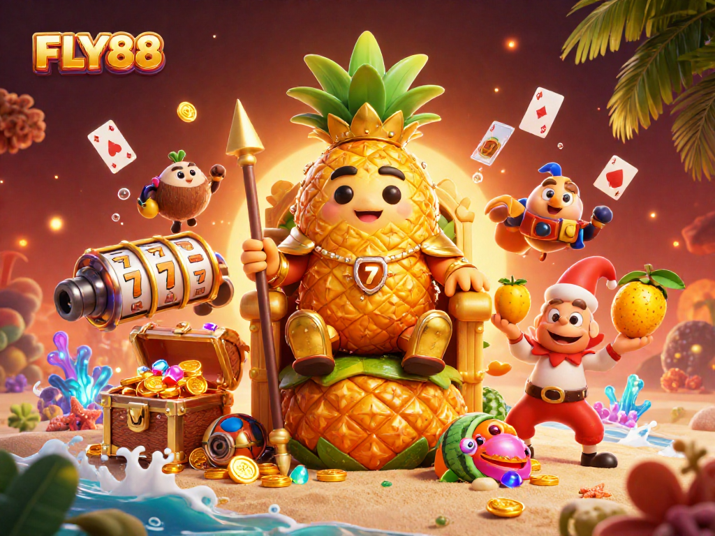 FLY88 casino scene featuring a golden pineapple king and game elements, celebrating vibrant gaming.