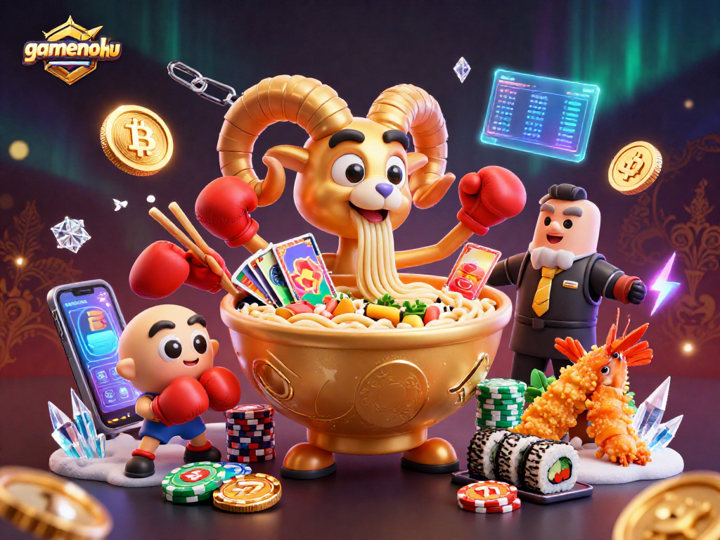 Win big with gamenohu's exciting slot reels and energetic gambling characters in this vibrant illustration.