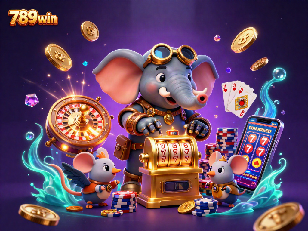 Spin to win at 789win with golden slot machines, poker chips, and a vibrant gaming spectacle.