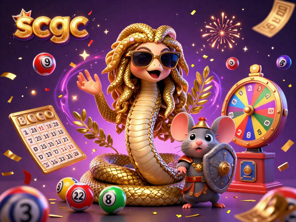 Experience the excitement of scgc with a vibrant 3D illustration of a friendly Medusa and warrior mouse in a lively casino scene.
