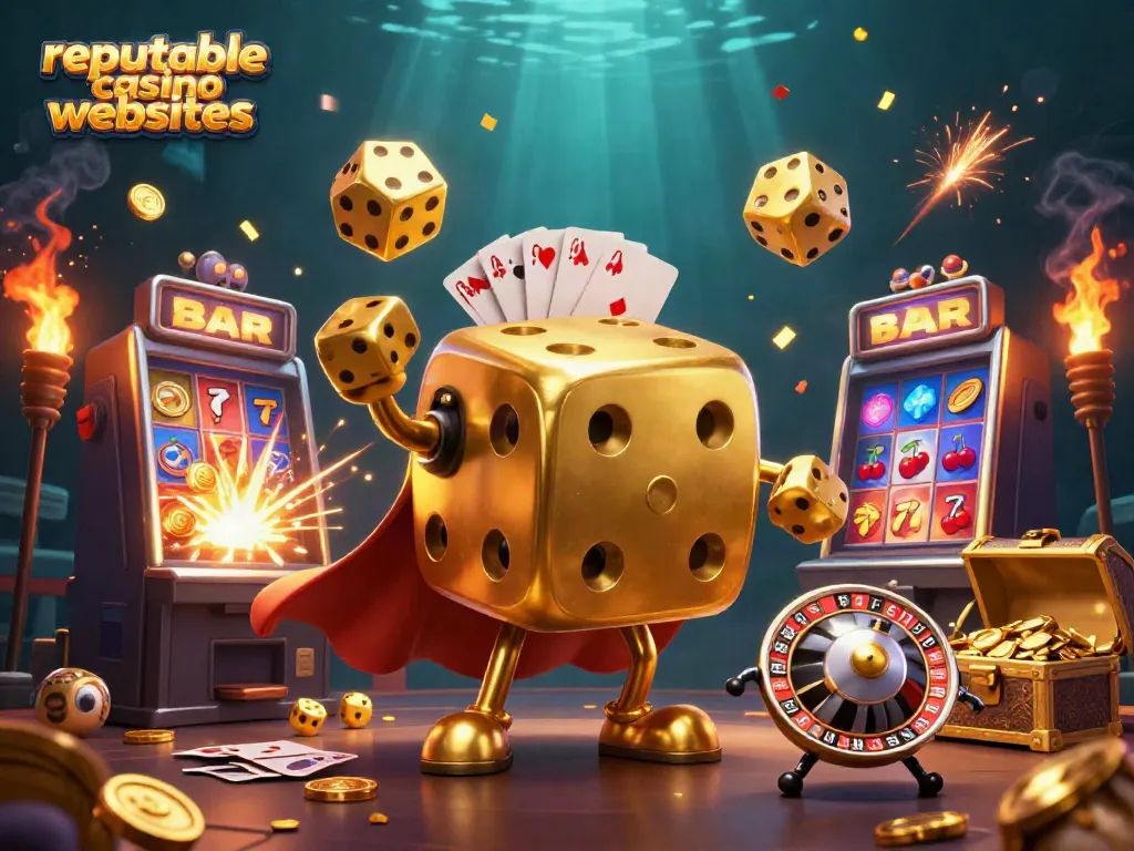 Engage with reputable casino websites through vibrant 3D illustration featuring a golden dice golem and thrilling jackpots.