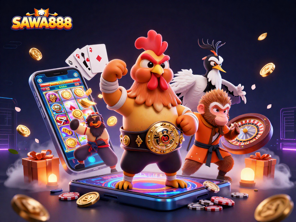 Experience engaging gameplay at SAWA888 with a vibrant 3D illustration showcasing characters and dynamic casino elements.