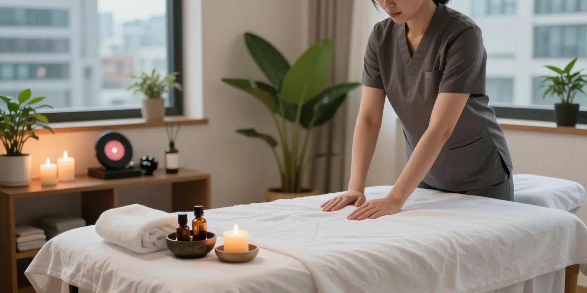 Experience Yongsan출장안마 with a professional therapist setting up a tranquil home massage.
