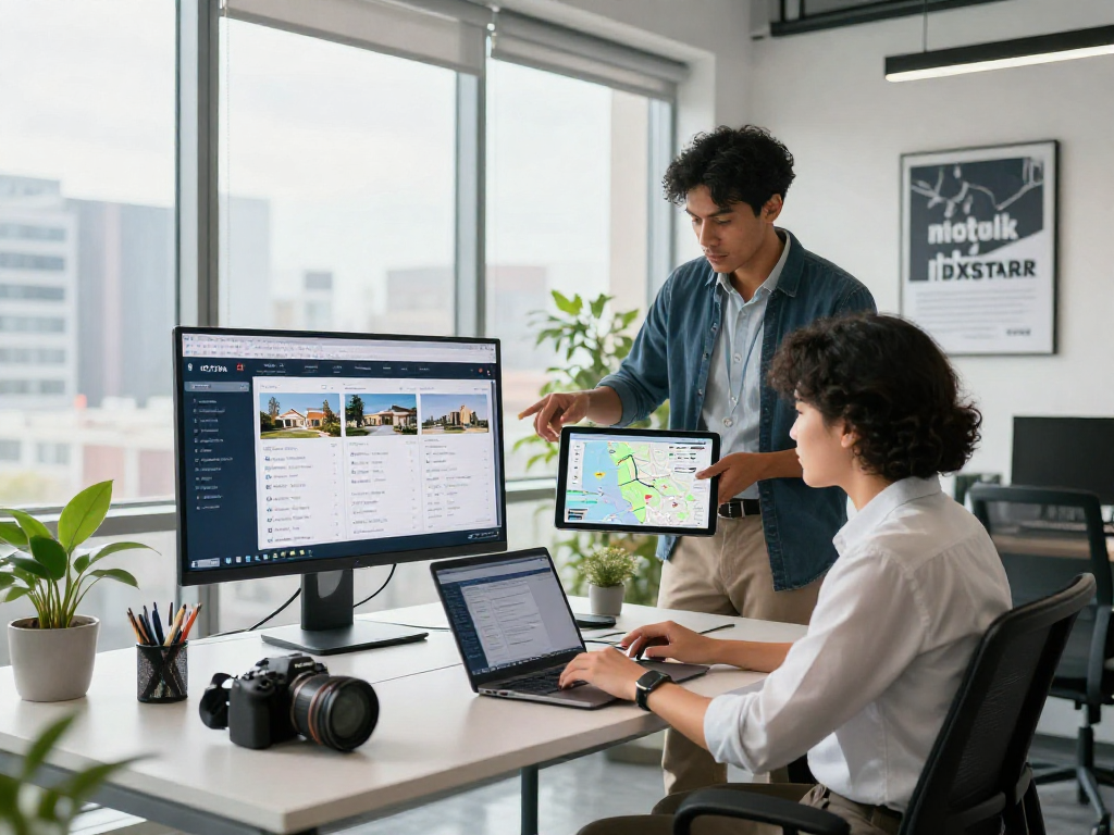 Real estate professionals reviewing IDXSTAR software in a modern office setting, enhancing teamwork.