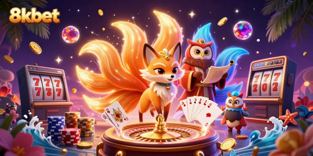 Experience the vibrant world of 8xbet with a lively 3D casino illustration featuring dynamic characters and gaming elements.