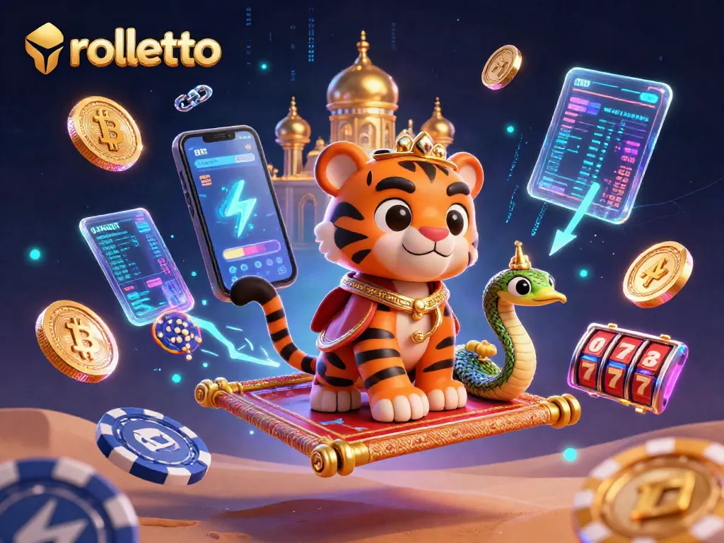 Engage with rolletto's vibrant casino experience featuring a tiger sultan on a flying carpet, highlighting rich gaming themes.