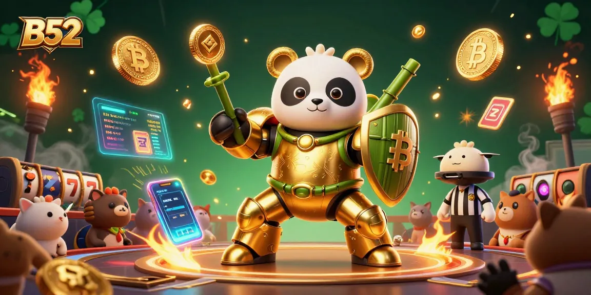 Experience B52 casino excitement with a vibrant 3D golden panda-themed gambling scene.