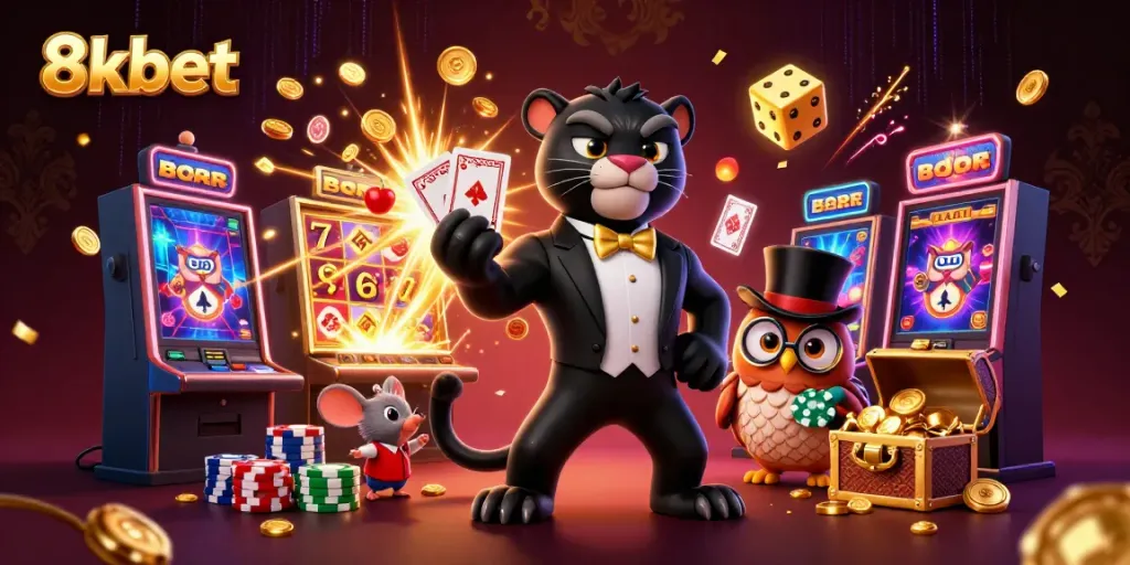 Experience vibrant 8xbet gameplay with a stylish panther dealer, owl, and lucky mouse in a dynamic casino scene.