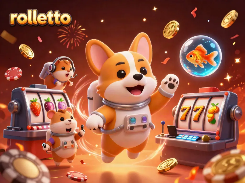 Experience rolletto's thrilling casino adventure with a dynamic scene of characters in space surrounded by vibrant slot game elements.