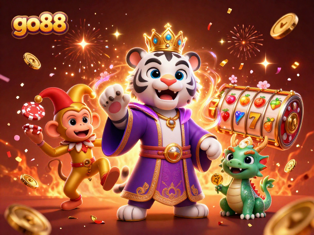Experience the excitement of go88 with vibrant slot reels and lively characters in a festive scene.