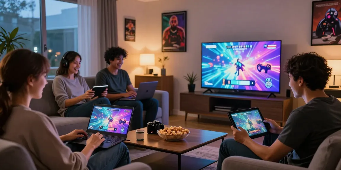 Players engaging in a porn game online in a cozy living room setting with interactive elements.