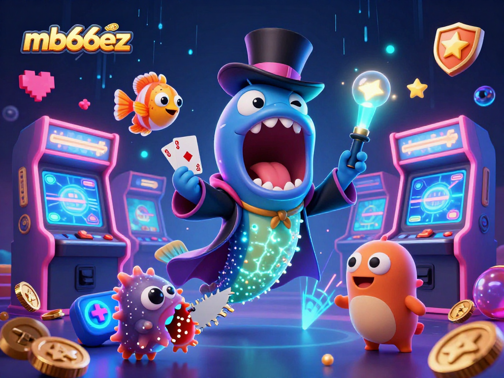 mb66ez showcases an enchanting scene of a deep-sea gulper eel performing magic tricks amidst arcade and casino elements.
