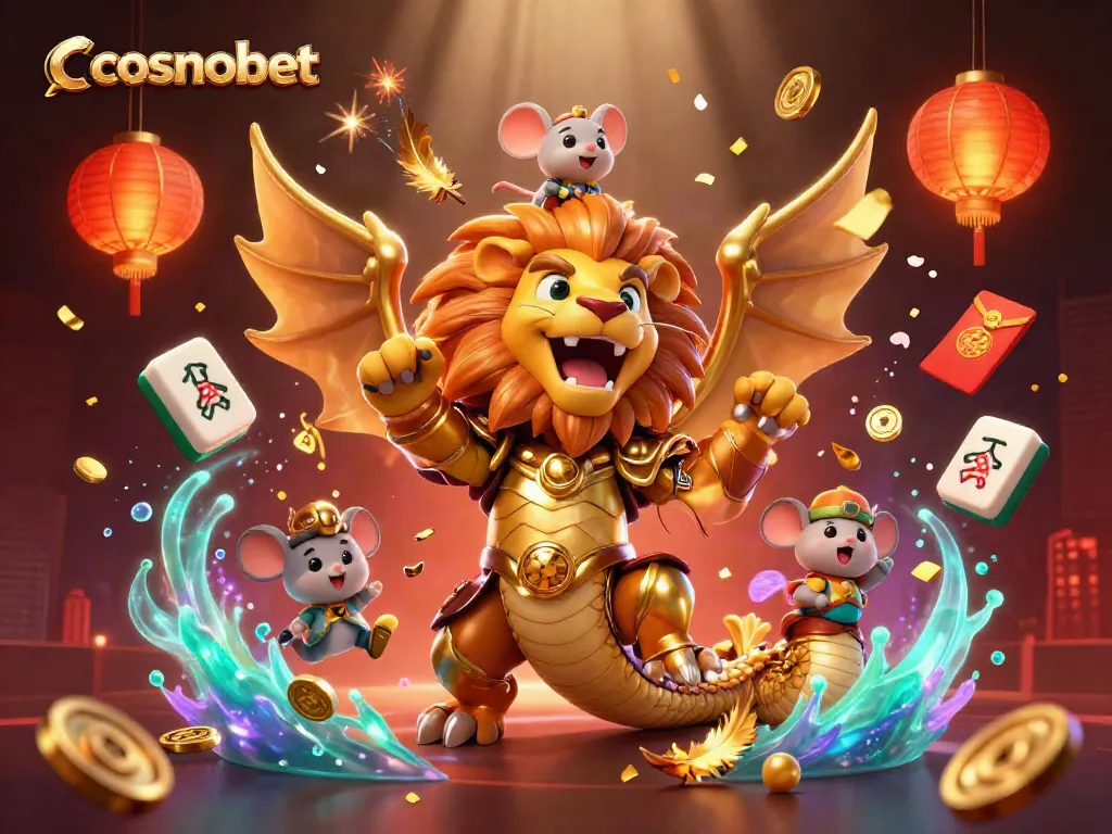 Experience cosmobet's thrilling atmosphere with a vibrant 3D cartoon chimera scene filled with casino elements.