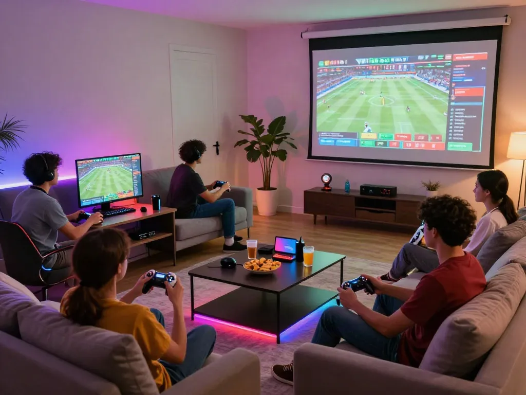Engaging online gaming scene at https://five88.boats/ with friends enjoying sports betting.
