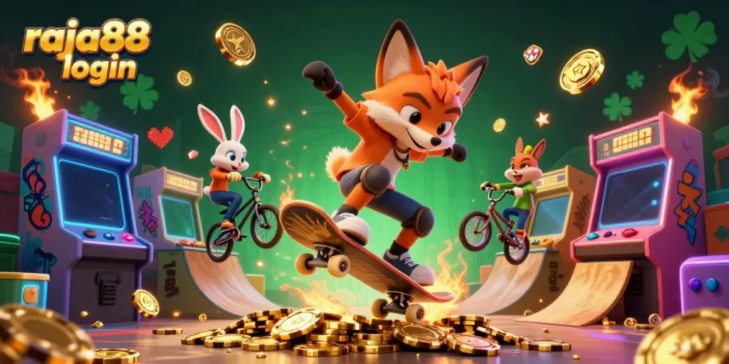 Engage with raja88 login through a vibrant illustration of a skateboarder fox and BMX rabbit in a casino arcade.