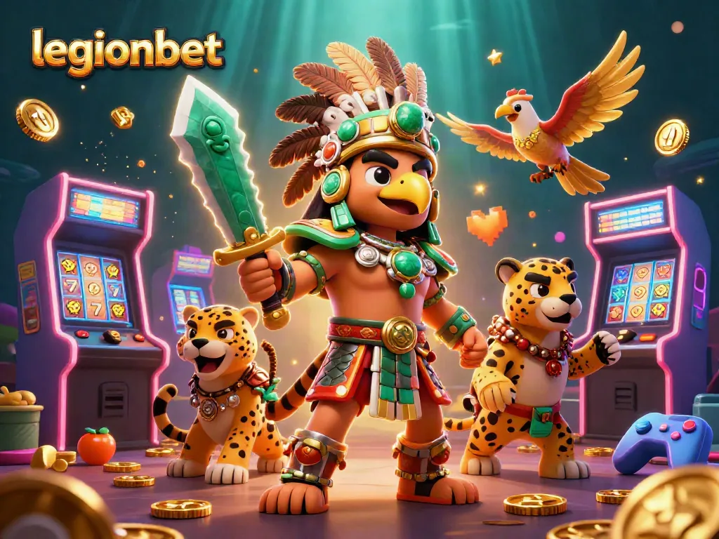 Explore legionbet's thrilling gaming scene with Aztec warriors and vibrant slot machines.