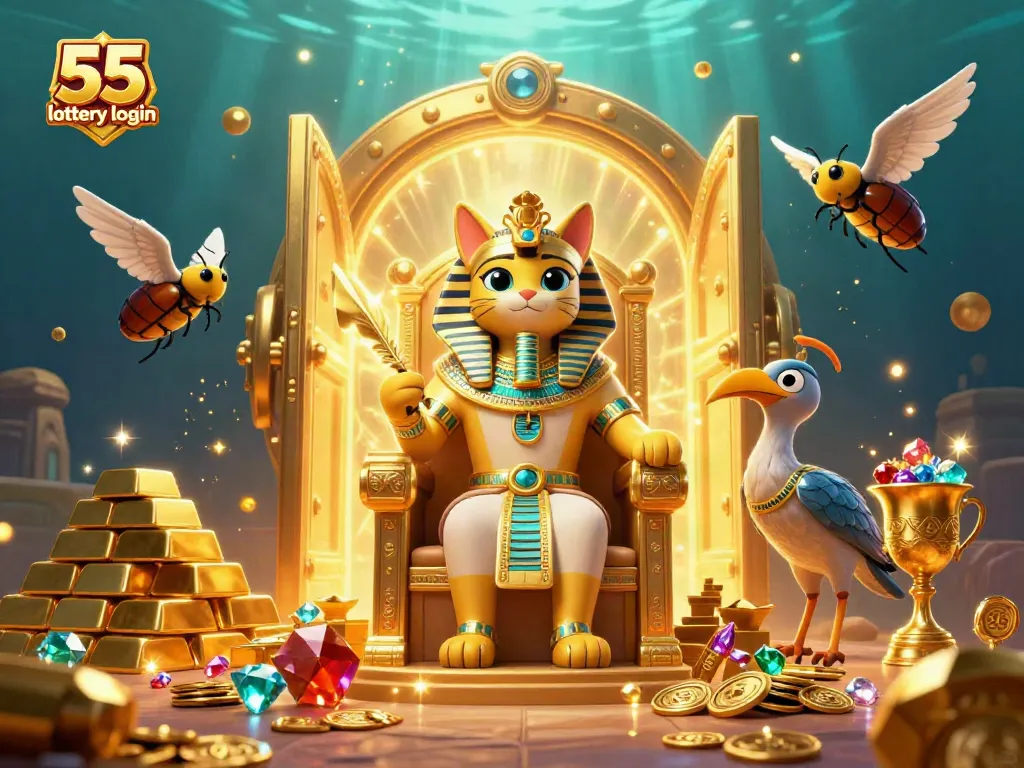 Experience the fun of 55 lottery login with a vibrant scene full of treasures and gaming elements.