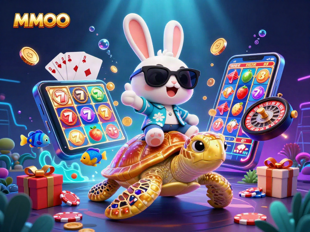 MMOO slots adventure with a lucky rabbit and turtle amidst bright gaming elements and underwater glow