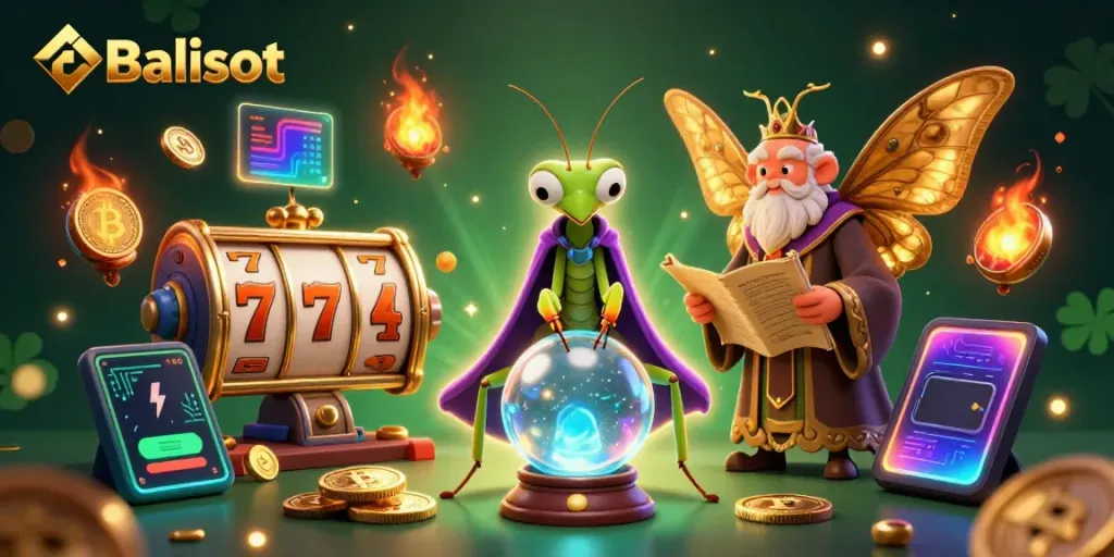 Engage with Balislot's vibrant 3D casino illustration showcasing mystical fortune tellers and digital currencies.