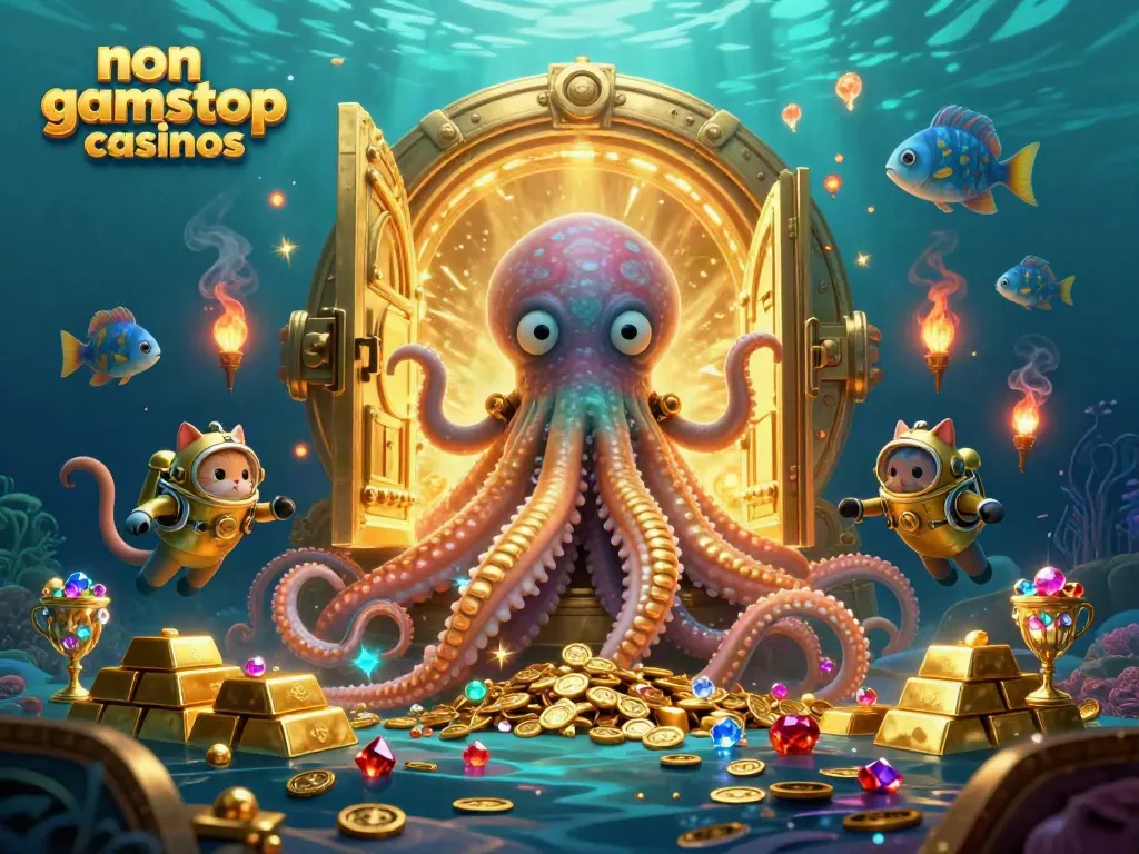 Experience thrilling adventures at non gamstop casinos with a magical kraken and vibrant underwater creatures.
