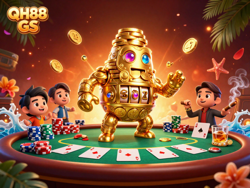 Engage with spectacular gambling action at QH88 GS featuring a golden golem amidst poker excitement.