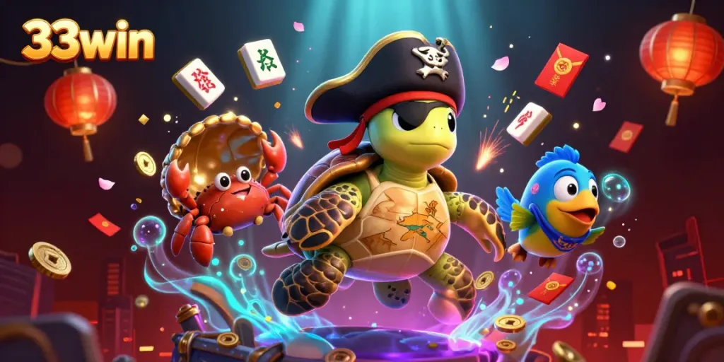 Experience vibrant action with 33win in a captivating underwater treasure scene featuring three unique characters.