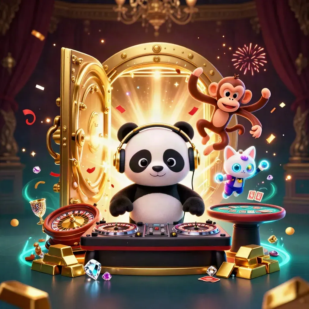DJ panda, monkey, and kitten racing through casino treasure and teal neon light