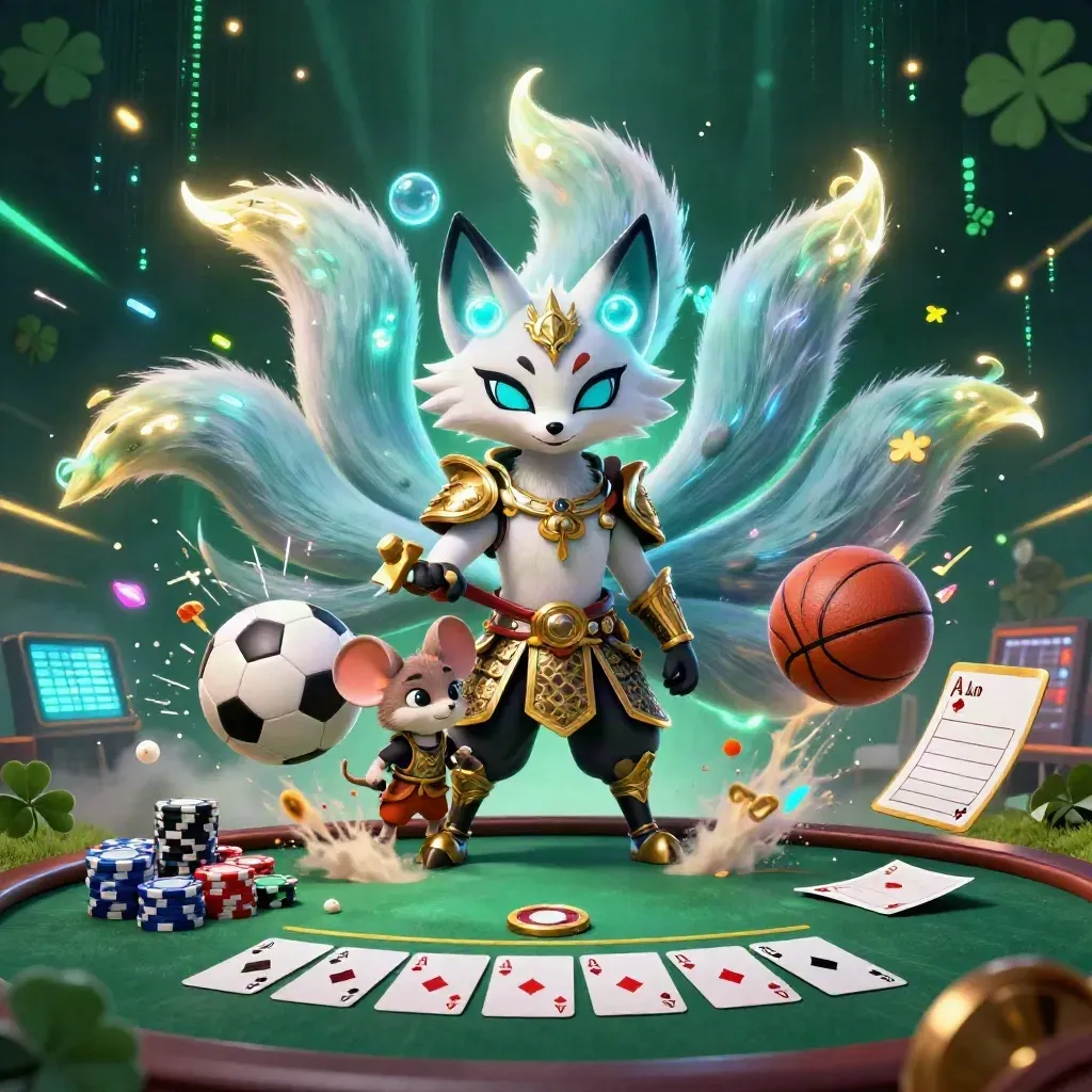 Nine-tailed fox spirit and samurai mouse amid casino chips, cards, and neon sports balls