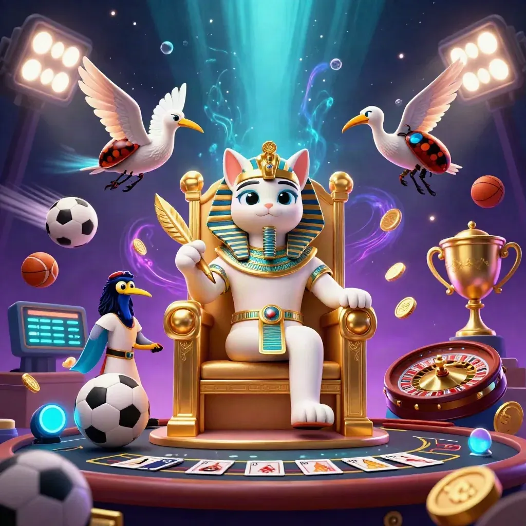 Pharaoh cat, ibis scribe and scarabs amid casino lights, sports balls and gold in a cosmic purple glow