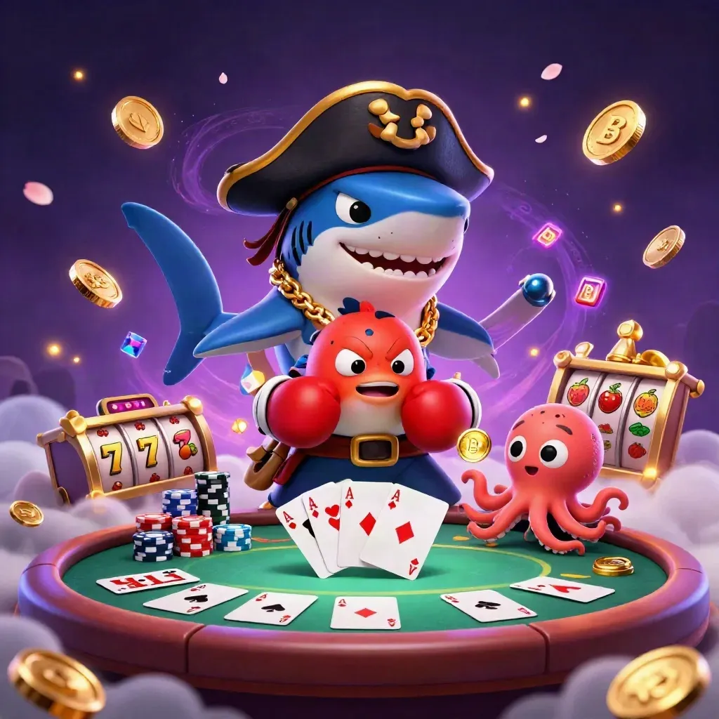 Pirate shark, boxing pufferfish, and juggling octopus amid casino chips and purple magic.