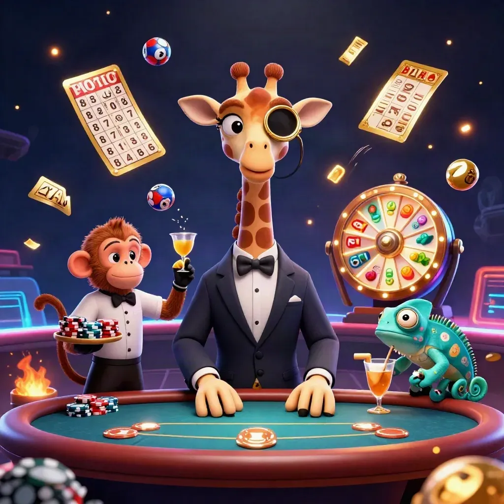 Giraffe high roller, monkey valet, and chameleon bartender amid casino props and neon maritime light.