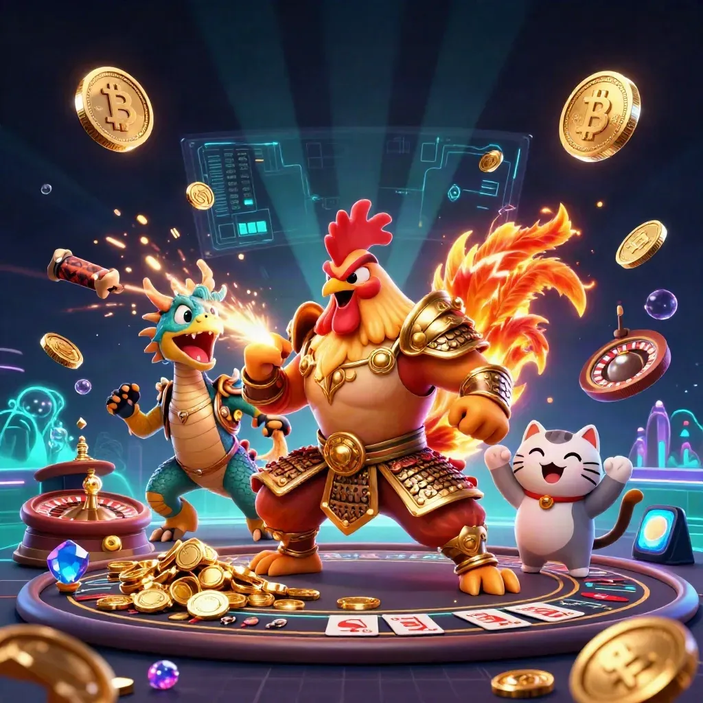 Rooster warrior, dragon hatchling, and fortune-cat amid casino treasure, neon coins, and lightning.