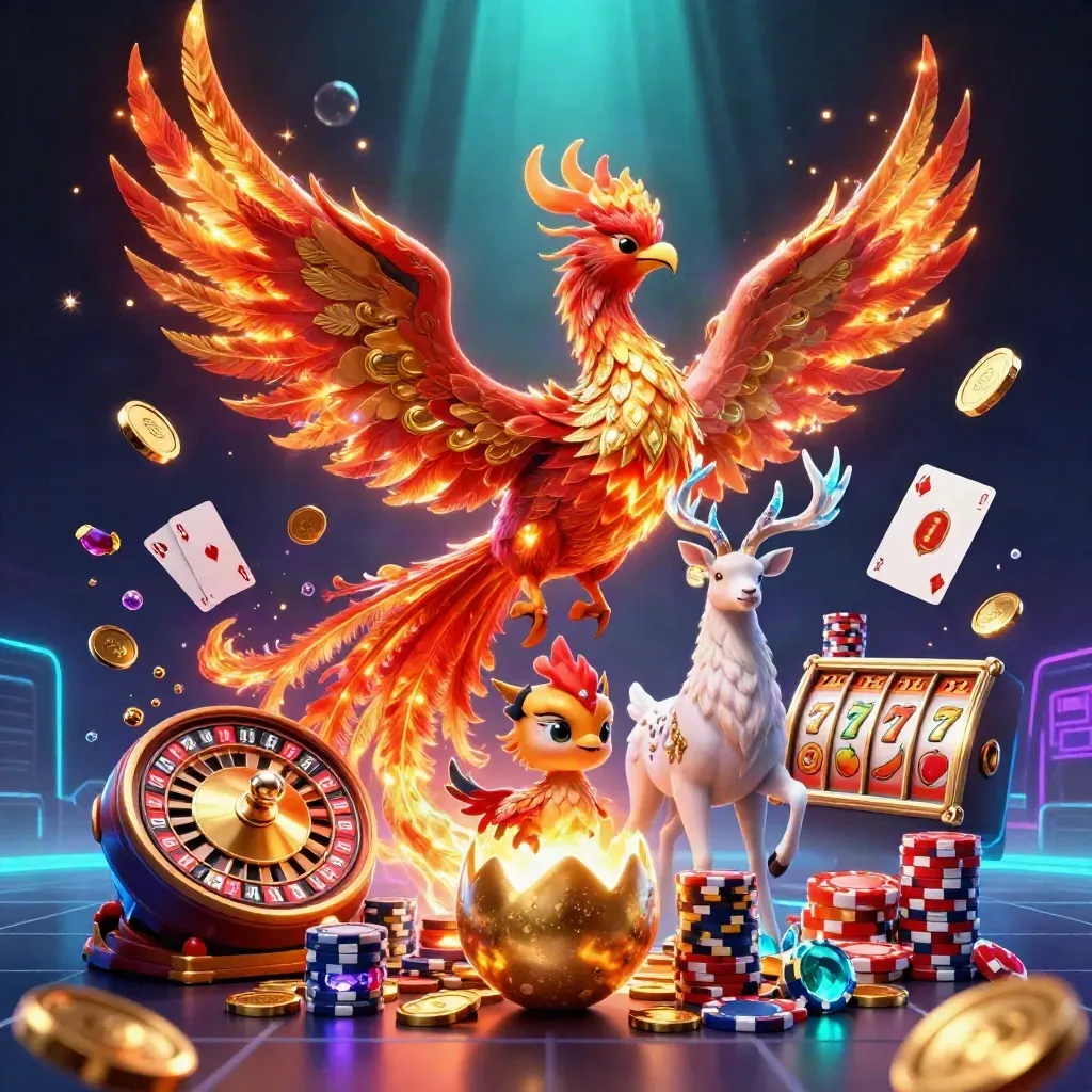 Phoenix, stag, and hatching baby phoenix amid casino reels, coins, and neon sea glow.