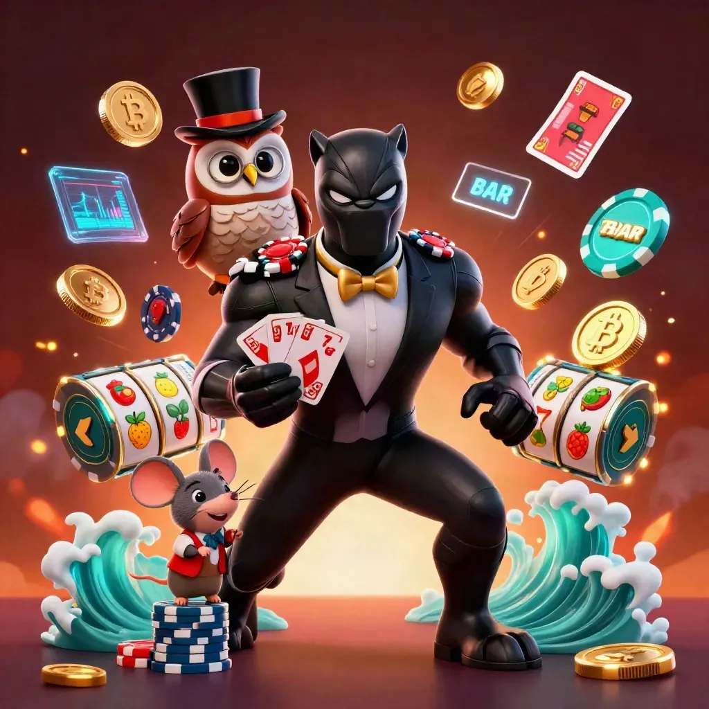 Panther, owl, and mouse casino heroes amid glowing chips, coins, reels, and teal-gold embers.