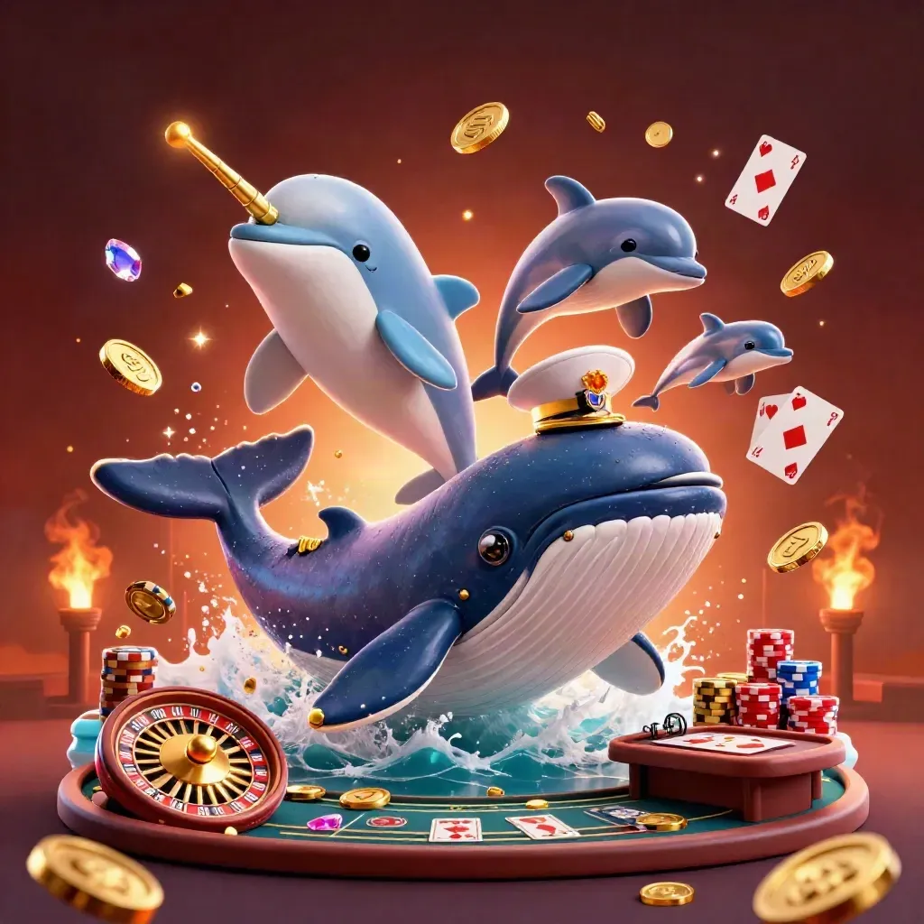 Whale captain, narwhal, and dolphins amid coins, chips, cards, and roulette glow.