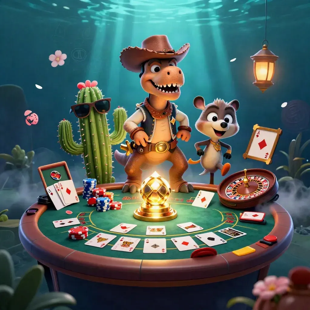 Cowboy T-Rex, cactus sidekick, and sheriff roadrunner amid glowing casino chips and cards.