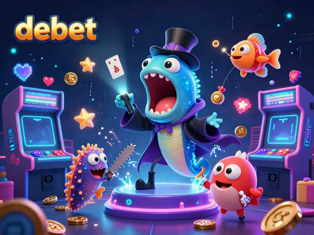 Engage with debet's vibrant gaming world featuring characters in a thrilling magic act amidst casino games and glowing elements.