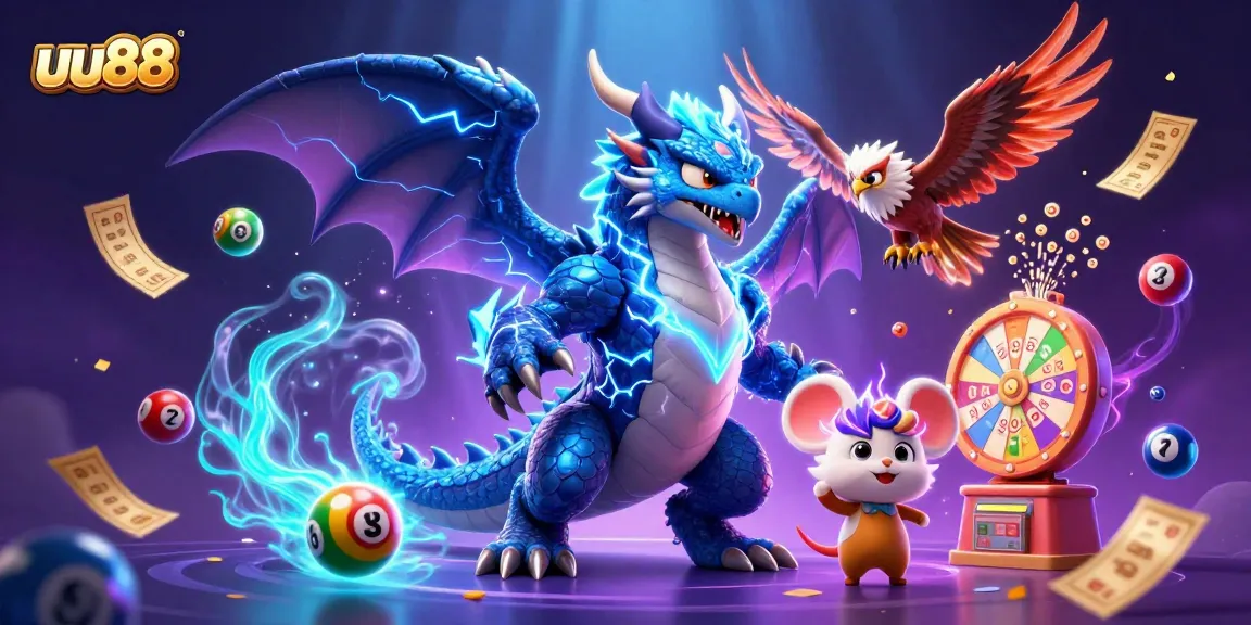 Engage with the exciting uu88 gaming world featuring vibrant lottery elements and energetic characters.