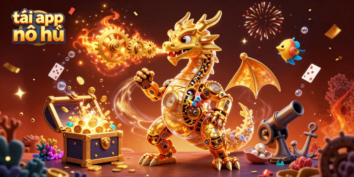 Engage with the exciting world of tải app nổ hũ featuring a dynamic scene with a golden dragon and treasure.
