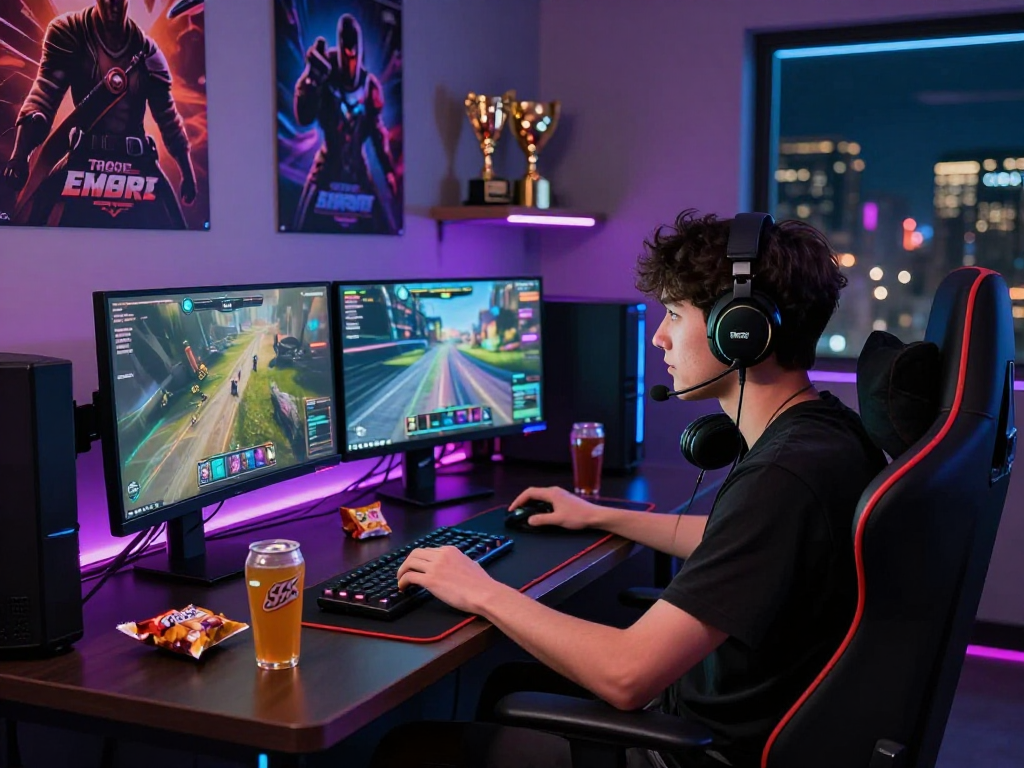 A competitive gaming scene featuring a player engaged with KOMBET168, RGB lighting, and dual monitors.