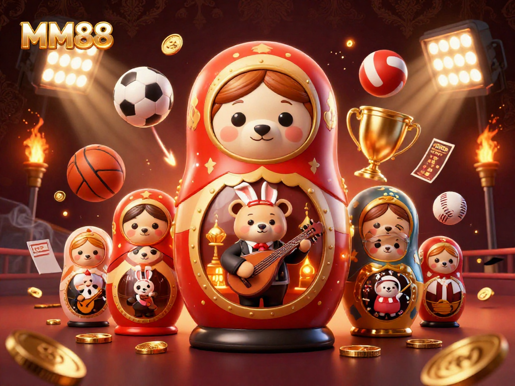 Experience MM88 with 3D bears in casino outfits playing, amidst dynamic sports elements and winning moments.