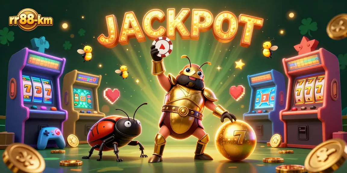 rr88-km showcases a victorious beetle lifting a poker chip amidst vibrant slot game elements.